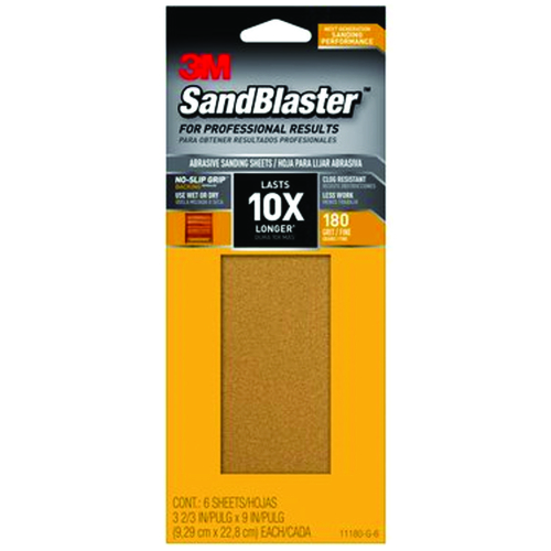 SandBlaster Series Sandpaper, 9 in L, 3-2/3 in W, 180 Grit, Medium, Synthetic Mineral Abrasive - pack of 6