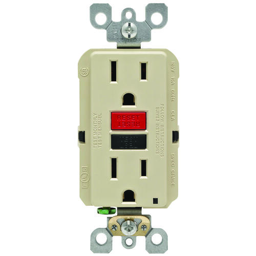 GFCI Duplex Receptacle, 2 -Pole, 15 A, 125 V, Back, Side Wiring, NEMA: 5-15R, Ivory