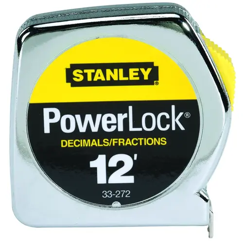 Measuring Tape, 12 ft L Blade, 1/2 in W Blade, Steel Blade, Metal Case, Chrome Case Silver; Yellow