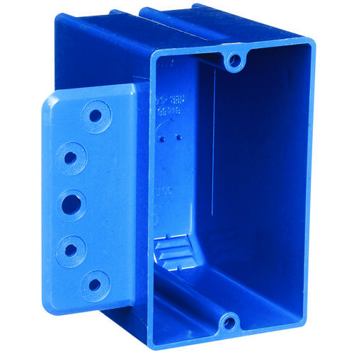 Outlet Box with Bracket, 1 -Gang, 4 -Knockout, PVC, Blue, Bracket, Stud Mounting