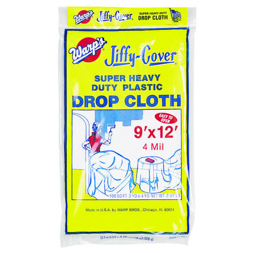 Drop Cloth, 12 ft L, 9 ft W, Plastic, Clear