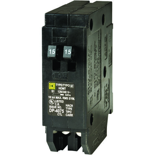 Square D HOMT1515CP Homeline Circuit Breaker, Mini, Tandem, 15 A, 1 -Pole, 120/240 V, Fixed Trip, Plug Mounting