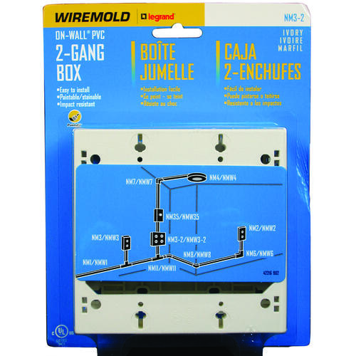 Wiremold NM3-2 NM Outlet Box, 2 -Gang, 0 -Knockout, Plastic, Ivory, Wall Mounting