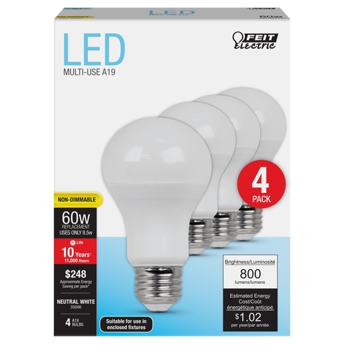 LED Lamp, General Purpose, A19 Lamp, 60 W Equivalent, E26 Lamp Base, Neutral White Light Clear - pack of 4