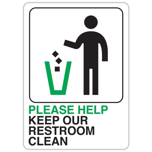 Bathroom Sign, Rectangular, PLEASE HELP KEEP OUR RESTROOM CLEAN, Black/Green Legend, White Background - pack of 5