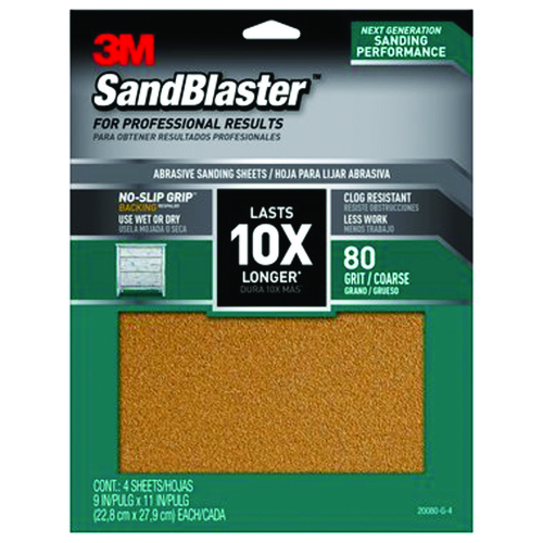 SandBlaster Series Sandpaper, 11 in L, 9 in W, 80 Grit, Coarse, Aluminum Oxide Abrasive - pack of 4