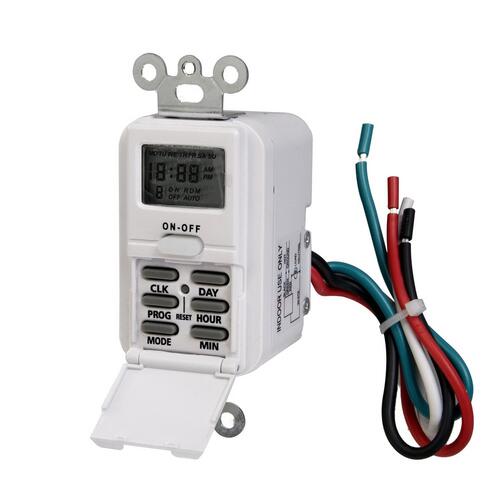 Digital Timer, 15 A, 125 V, 1875 W, 14 On/Off Cycles Per Day Cycle, White