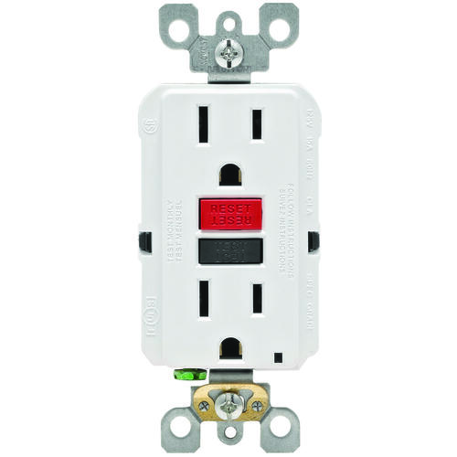 GFCI Duplex Receptacle, 2 -Pole, 15 A, 125 V, Back, Side Wiring, NEMA: 5-15R, White