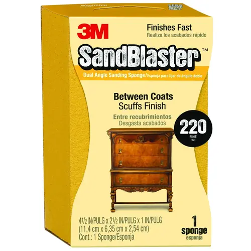 SandBlaster Sanding Sponge, 4-1/2 in L, 2-1/2 in W, 220 Grit, Aluminum Oxide Abrasive Yellow