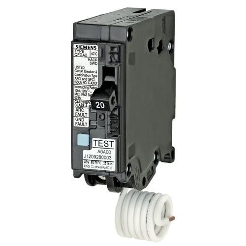 Circuit Breaker, AFCI, GFCI, 20 A, 1 -Pole, 120 V, Instantaneous, Non-Interchangeable Trip, Black