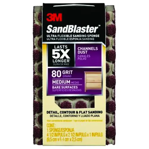 Sanding Sponge, 4-1/2 in L, 2-1/2 in W, 80 Grit, Medium, Aluminum Oxide Abrasive Brown