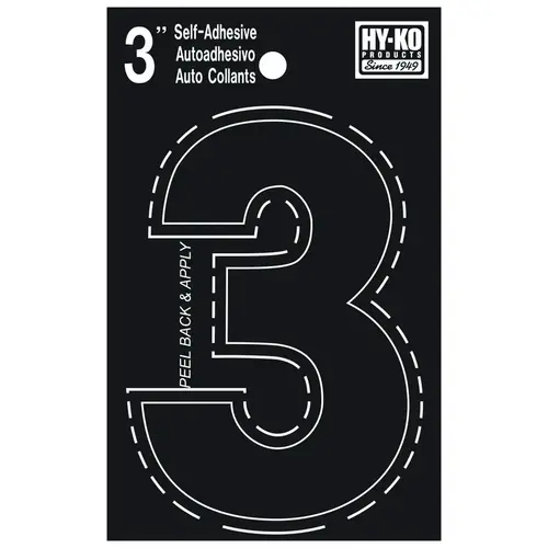 30400 Series Die-Cut Number, Character: 3, 3 in H Character, Black Character, Vinyl