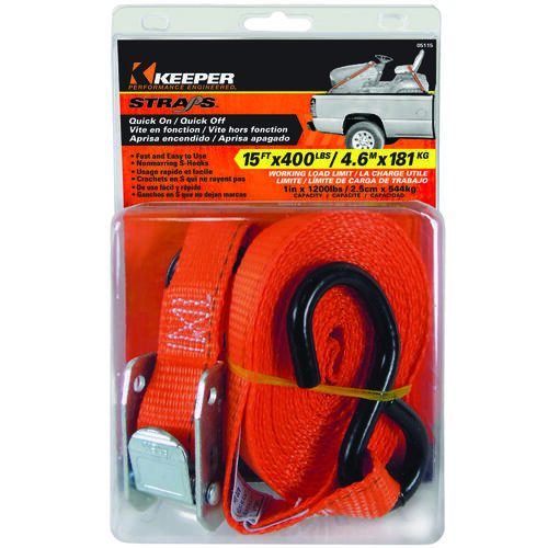 Tie-Down, 1 in W, 15 ft L, Nylon, Red, 400 lb, S-Hook End Fitting