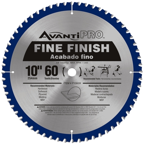 Avanti Pro P1060X Circular Saw Blade, 10 in Dia, 5/8 in Arbor, 60-Teeth, Carbide Cutting Edge
