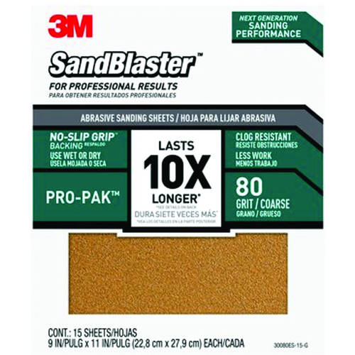 SandBlaster Series Sandpaper, 11 in L, 9 in W, 80 Grit, Coarse, Aluminum Oxide Abrasive Green - pack of 15