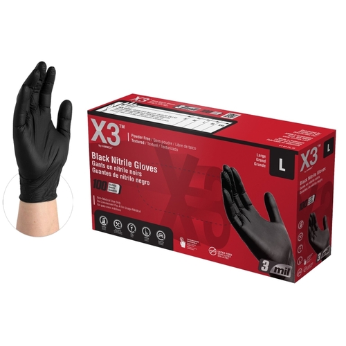 Ammex BX346100 Disposable Gloves, L, Nitrile, Powder-Free, Black, 9-1/2 in L - pack of 100