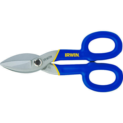 Tinner Snip, 7 in OAL, 1-1/2 in L Cut, Curved, Straight Cut, Steel Blade, Double-Dipped Handle Blue