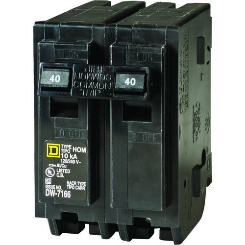 Homeline Circuit Breaker, Mini, 40 A, 2 -Pole, 120/240 V, Plug Mounting, Black