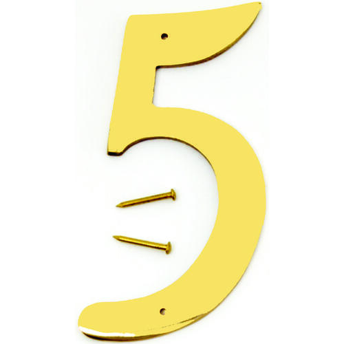 House Number, Character: 5, 4 in H Character, 2-1/2 in W Character, Brass Character, Solid Brass