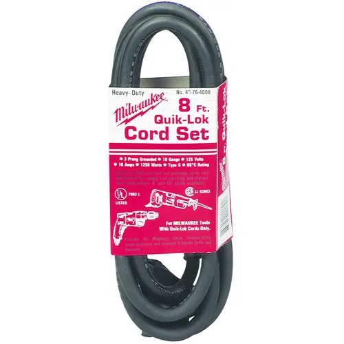 QUIK-LOK Extension Cord, 18 AWG Cable, 8 ft L, 10 A, 125 V Black