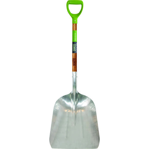 Scoop Shovel, 15 in W Blade, 11-1/4 in L Blade, Aluminum Blade, Hardwood Handle, D-Shaped Handle Green