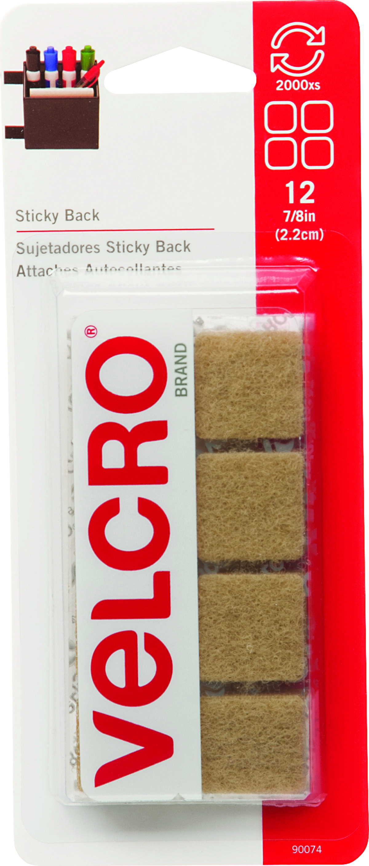 VELCRO Brand 90074 Fastener, 7/8 in W, 7/8 in L, Nylon, Beige, Rubber Adhesive - pack of 12