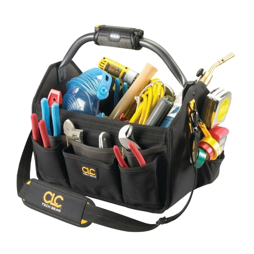 CLC L234 Tech Gear Open Top Tool Carrier with Handle, 8-1/2 in W, 11-1/2 in D, 15 in H, 22-Pocket, Polyester, Black