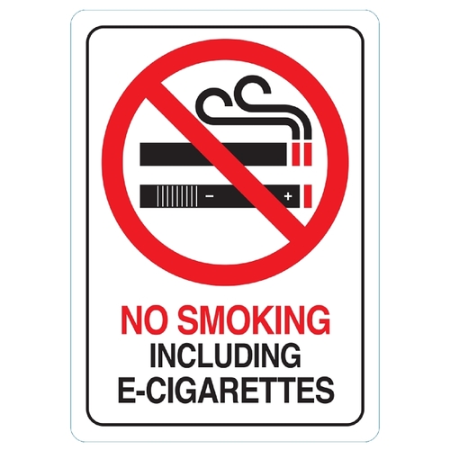 Deco Sign, NO SMOKING INCLUDING E-CIGARETTES, White Background, Plastic, 7 in H x 5 in W Dimensions