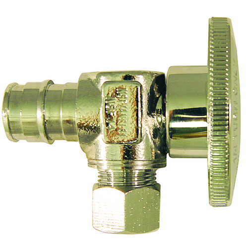 Angle Stop Valve, 1/2 x 3/8 in Connection, PEX x Compression, 200 psi Pressure, Brass Body Chrome