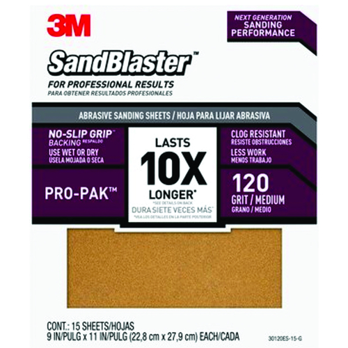 SandBlaster Series Sandpaper, 11 in L, 9 in W, 120 Grit, Medium, Aluminum Oxide Abrasive - pack of 15