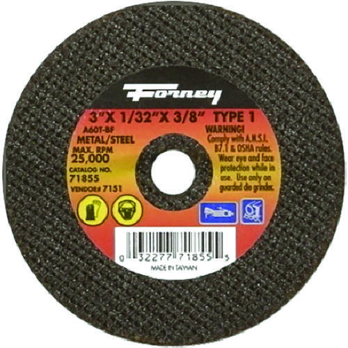 Cut-Off Wheel, 3 in Dia, 1/32 in Thick, 3/8 in Arbor, 60 Grit, Medium, Aluminum Oxide Abrasive