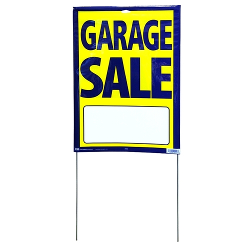 Street Sign, GARAGE SALE, Blue Legend, Yellow Background, Plastic, 13 in H x 29 in W Dimensions