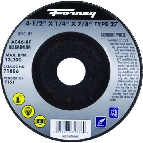 Grinding Wheel, 4-1/2 in Dia, 1/4 in Thick, 7/8 in Arbor, 46 Grit, Medium, Aluminum Oxide Abrasive