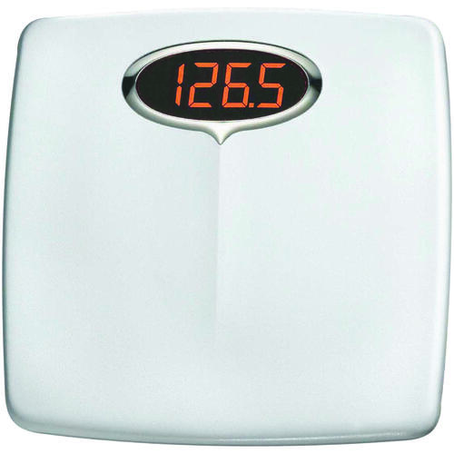 Bathroom Scale, 330 lb Capacity, LED Display, Styrene Housing Material, White, 13-1/2 in OAW, 14 in OAD