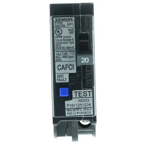 Circuit Breaker, AFCI, Combination, Low Voltage, 20 A, 1 -Pole, 120 V, Plug Mounting