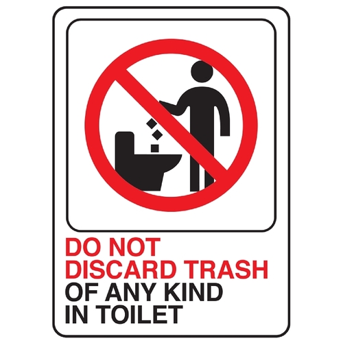 Deco Sign, DO NOT DISCARD TRASH OF ANY KIND IN TOILET, White Background, Plastic, 7 in H x 5 in W Dimensions - pack of 5