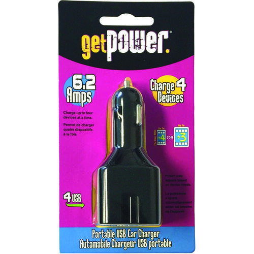 GetPower GP-DC4USB-BLK USB to DC Car Adapter, 12 V Output, 6.2 A Charge, Black