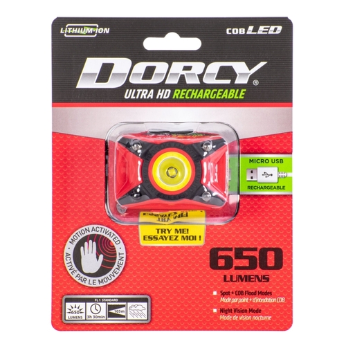 Dorcy 41-4337 Ultra HD Rechargeable Headlamp, 1200 mAh, Lithium-Ion Battery, LED Lamp, 650 Lumens, Flood, Spot Beam, Red
