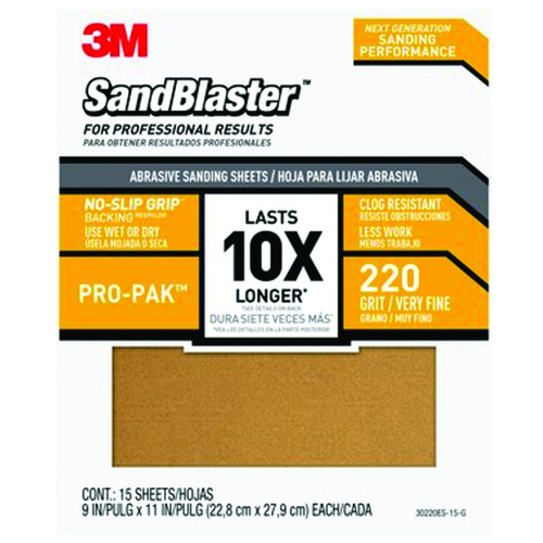 SandBlaster Series Wet/Dry Abrasive Sandpaper, 11 in L, 9 in W, 220 Grit, Very Fine Gold - pack of 15