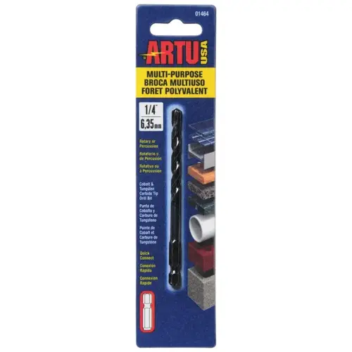 ARTU 01464 Drill Bit, 1/4 in Dia, 4-1/8 in OAL, Multi-Purpose, Parabolic Flute, Quick-Connect Shank