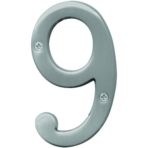 Prestige Series House Number, Character: 9, 4 in H Character, Nickel Character, Solid Brass