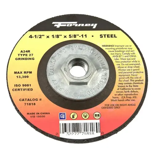 Grinding Wheel, 4-1/2 in Dia, 1/8 in Thick, 5/8-11 in Arbor, Aluminum Oxide/Metal Abrasive