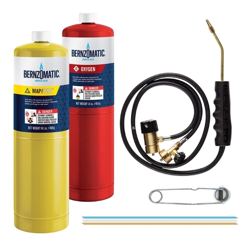 BernzOmatic WK5500OX WK5500KC Brazing Torch Kit, MAPP, Oxygen, Manual Igniter, Brass, 10-Piece