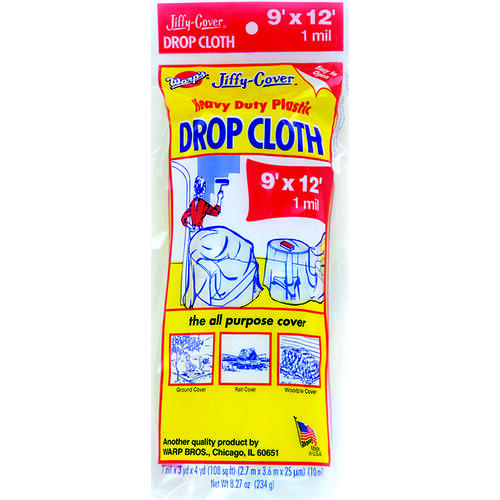 -M Drop Cloth, 12 ft L, 9 ft W, Plastic, Clear
