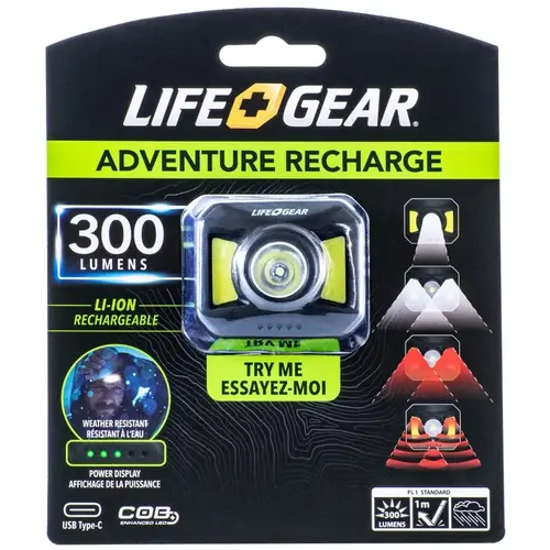 Life+Gear 41-3919 USB Rechargeable Headlamp, 850 mAh, Lithium-Ion, Rechargeable Battery, COB LED Lamp, 300 Lumens Black
