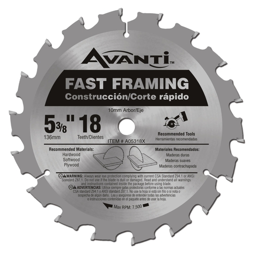 Avanti Pro A05318X Circular Saw Blade, 5-3/8 in Dia, 0.394 in Arbor, 18-Teeth, Carbide Cutting Edge