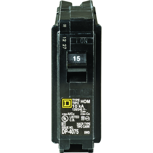 Square D HOM115C Homeline Circuit Breaker, Mini, 15 A, 1 Pole, 120 V