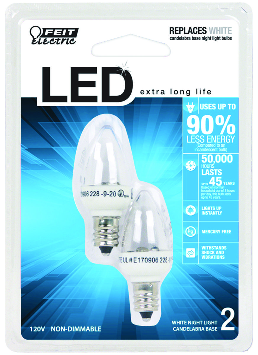 Feit Electric BPC7/LED LED Lamp, Decorative, C7 Lamp, E12 Lamp Base, Clear, White Light, 3500 K Color Temp Pair