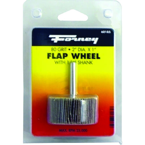 Forney 60185 71689 Flap Wheel, 2 in Dia, 1 in Thick, 1/4 in Arbor, 80 Grit, Aluminum Oxide Abrasive