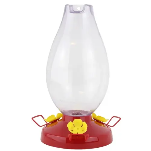 Bird Feeder, Rounded Vase, 33 oz, Nectar, 3-Port/Perch, Plastic, 11.8 in H, Hanging Mounting Clear/Red